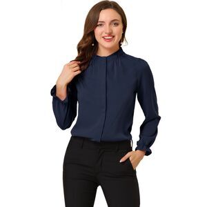 Workwear Blouse Button Up Ruffle Collar Long Sleeve Chiffon Shirt Navy Blue